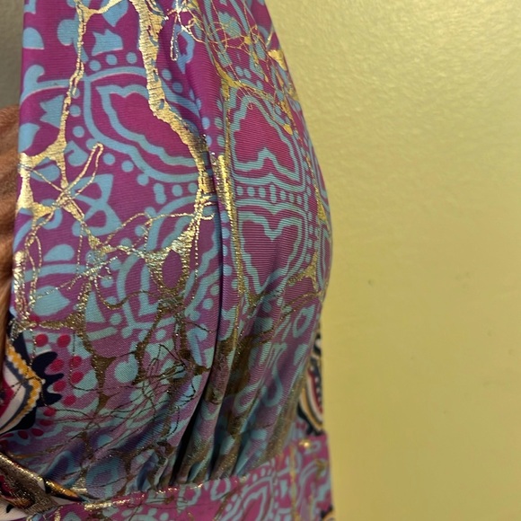 Cruise Away In This Abstract Gold Foil Halter Maxi Dress. Gold foil design + Sun - Picture 6 of 7